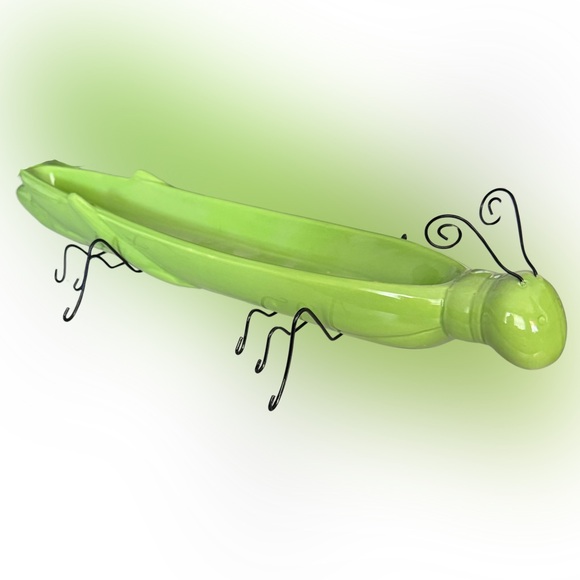 2 Vintage Grass Green Ceramic Grasshopper Appetizer Boat Charcuterie Tray w/legs - Picture 5 of 5